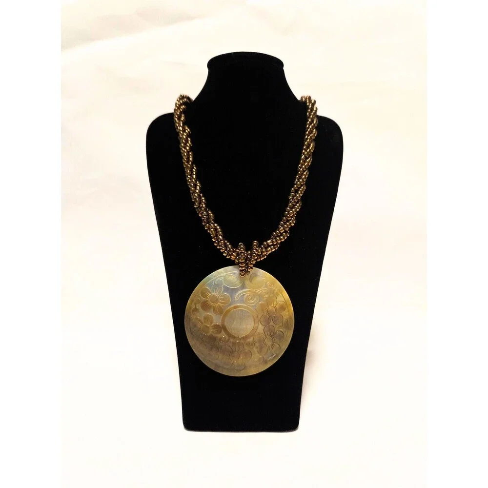 Mother of Pearl Floral Engraved Round Pendant Necklace Brown Seed Bead Boho